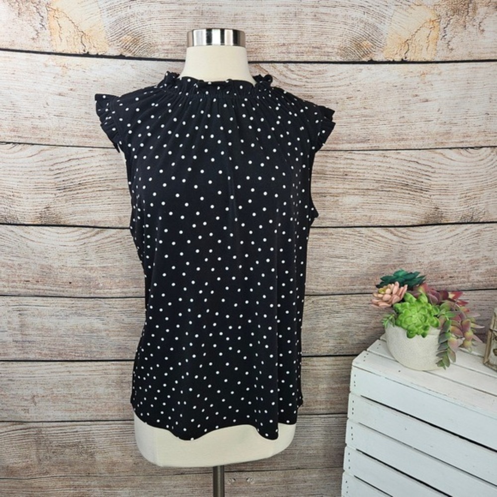 Adrianna Papell Polka Dot Ruffle Mock‎ Neck Sleeveless Blouse Top Size L